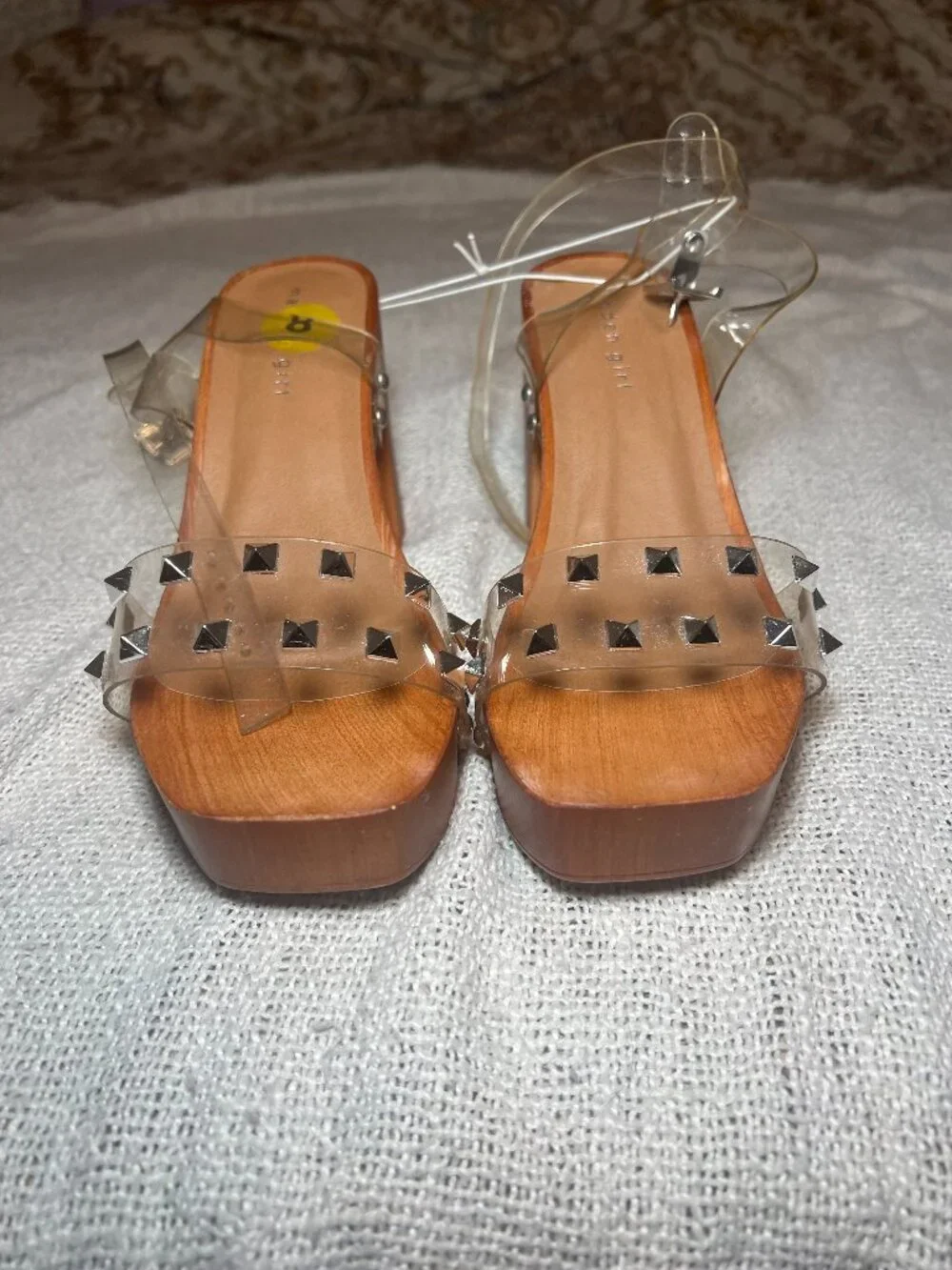 NWOT Madden Girl Clear Studded Block Heel Sandals Wood Look, Size 8 Women's PVC